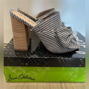 Sam Edelman Yumi heel sandal, blue stripe with bow, Size 7.5 US (37.5 EU)
